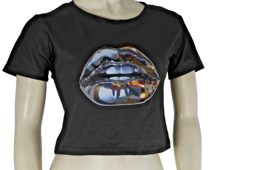 Black Metallic Chrome Liquid Lips Graphic Short Sleeve Tee Crop Top Size M